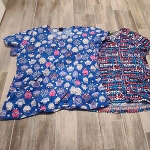 Lot of 2 scrub tops zoe+Chloe, CROCS, owl, and pok a dot print scrub tops sz L